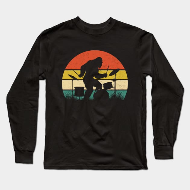 Bigfoot Sasquatch Playing the Drums Vintage Sunset Music Lover Long Sleeve T-Shirt by Cuteness Klub